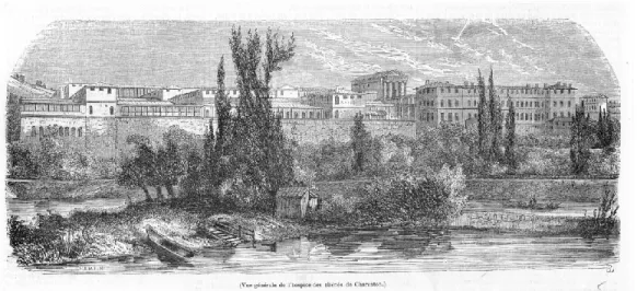 Fig. 1. Vue générale de l’hospice des aliénés de Charenton,  gravure de Jean-Jacques Champin (XIXe siècle)