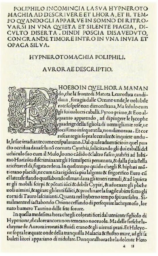 Fig. 6. Hypnerotomachia Poliphili [Le songe de Poliphile], 1499, chapitre 1, p. [1]. 