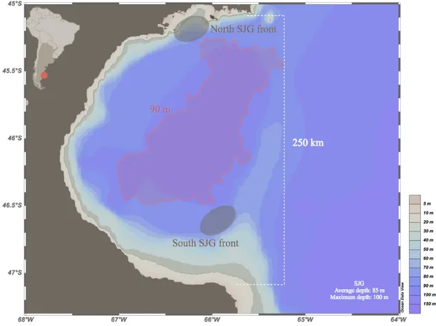 Figure 5. Map of the San Jorge Gulf showing the bathymetry and the central region deeper  than 90 m (red line) that the model represents