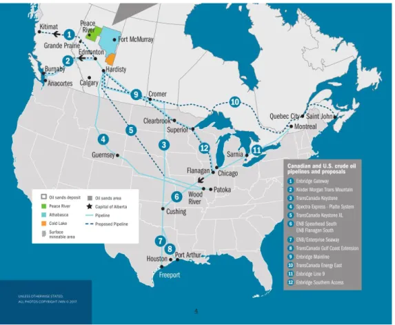 Figure 1. Tracé des pipelines canadiens et américains actuels et projetés. Issue de Alberta Oil  Sand Industry  (2017)