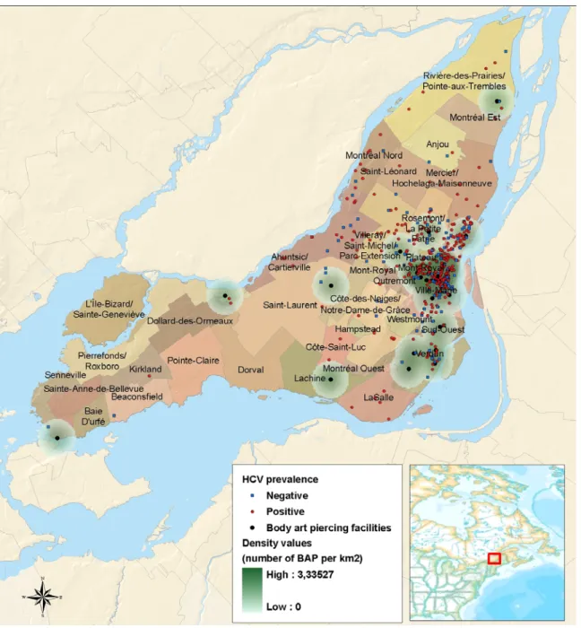Figure 1. Density of body art piercing facilities and distribution of participants according to their  Hepatitis C status among 784 injection drug users on the island of Montréal, Québec, Canada