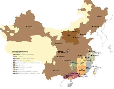 Figure 1-7 : Les langues chinoises en Chine (Wyunhe, 2001 31 ) 