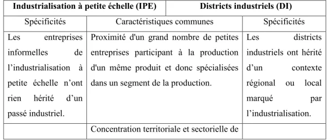 Tableau 4 : Convergences et divergences entre les deux approches IPE et DI  Industrialisation à petite échelle (IPE)  Districts industriels (DI) 