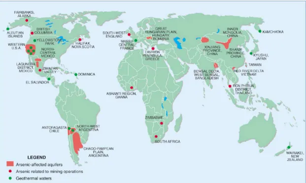 Figure 1. Distribution de l’arsenic et sa problématique dans le monde [5] 