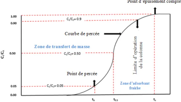 Figure 9. Courbe de percée théorique pour l’adsorption d’un polluant dans un lit fixe [55] 