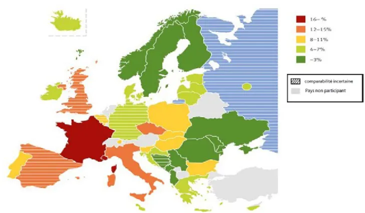 Illustration 17: Cartographie de l’usage récent de cannabis en Europe en 2011