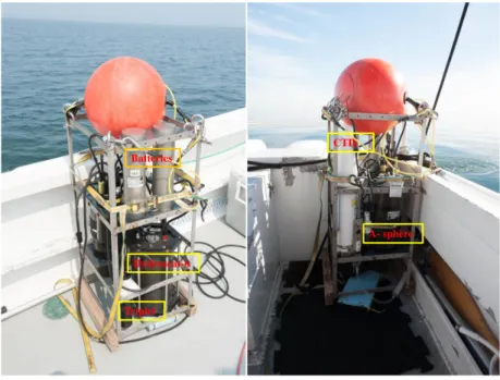 Figure 2-7 : Photographie de la cage Bio-optique avec les principaux instruments  qu’on y trouve (juillet 2015), (crédit photo : Gabriel Ladouceur)