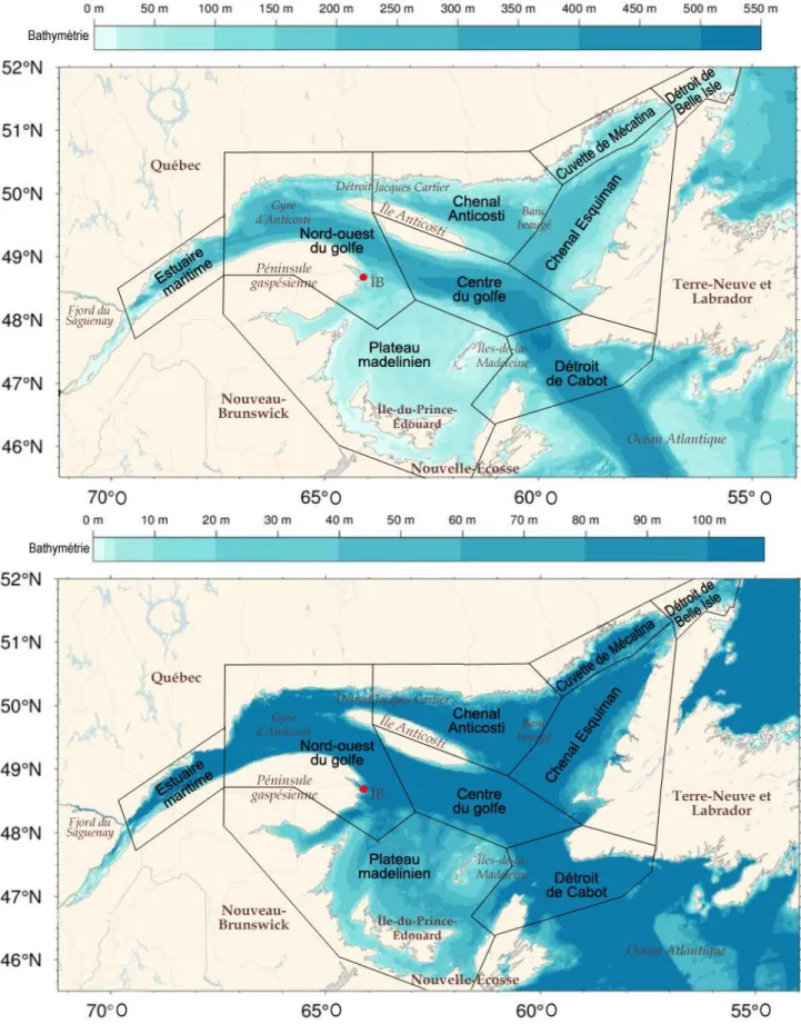 Figure 1 :  Représentation  de  l’estuaire  maritime  et  du  golfe  du  Saint-Laurent  divisée  en  régions  océaniques  et  la  bathymétrie,  modifiée  d’après  Galbraith  et  al