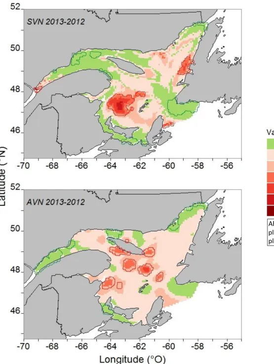 Figure 6 : Cartographie du pourcentage de la variation spatiale, ΔV%, des prédictions de la  biomasse relative moyenne, NASC, des poissons sans vessie natatoire (SVN) et des poissons  avec  une  vessie  natatoire  (AVN)  à  une  profondeur  de  la  colonne
