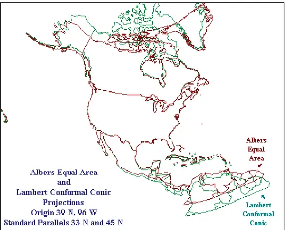 Figure 1.1 Différence entre la projection d'Albers et la  projection conforme conique de Lambert