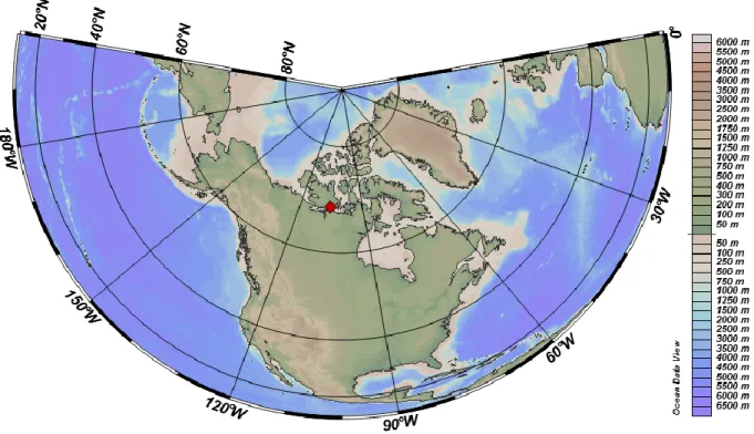 Figure  4.  Carte  de  l’Arctique  montrant  la  localisation  de  Cambridge  Bay,  Nunavut  (diamant)  à  69°07′02″N  105°03′11″W