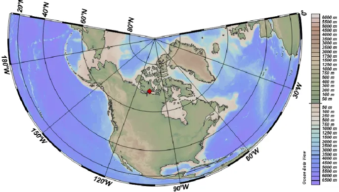 Figure 5. Arctic map showing location of Cambridge Bay, NU (Diamond) at 69°07′02″N 105°03′11″W