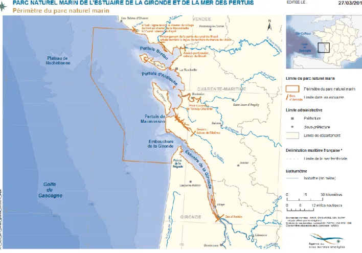 Figure 4 : Périmètre du PNM de l’estuaire de la Gironde et de la mer des Pertuis  Source : Agence des aires marines protégées