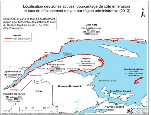 Figure 6 : Zones à risque d'érosion au Québec. Source : Laboratoire de dynamique et de  Gestion intégrée des zones côtières (UQAR)