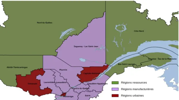Figure 1 : Division du Québec en régions ressources, manufacturières et urbaines selon  Polèse et Shearmur (2003)