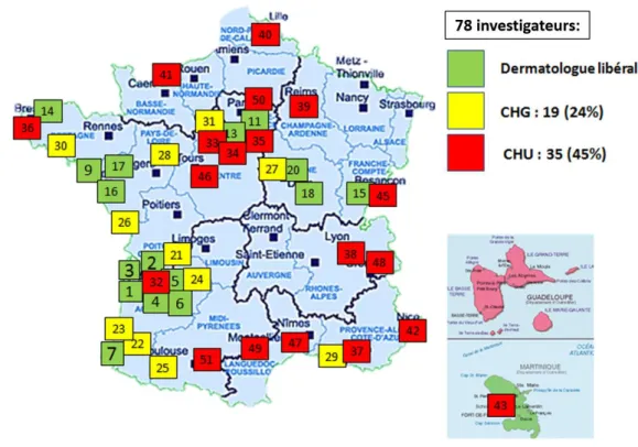 Figure 13. Répartition géographique sur le territoire français des investigateurs de  l’étude GENIPSO