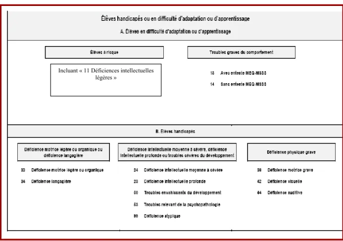 Figure 6 : Classification des élèves HDAA selon le MELS (Gouvernement du Québec,  2000b) 12