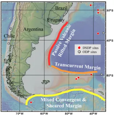 Figure 1. The character of the Argentine Continental Margin. Red: