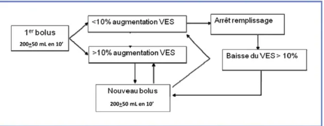 Figure 2 : Titration du remplissage guidée par le monitorage de la variation du volume  d'éjection systolique (VES) (SFAR 2012) 