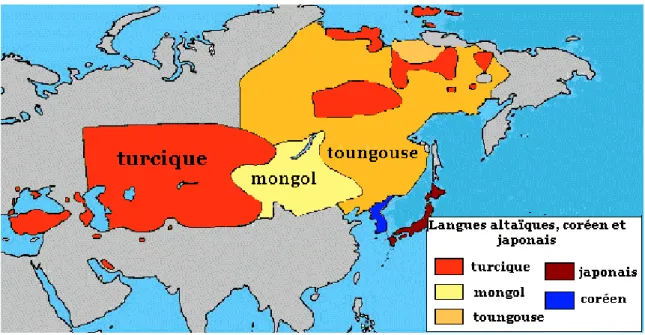 Fig. 1.1: Carte avec les langues « altaïques », le coréen et le japonais