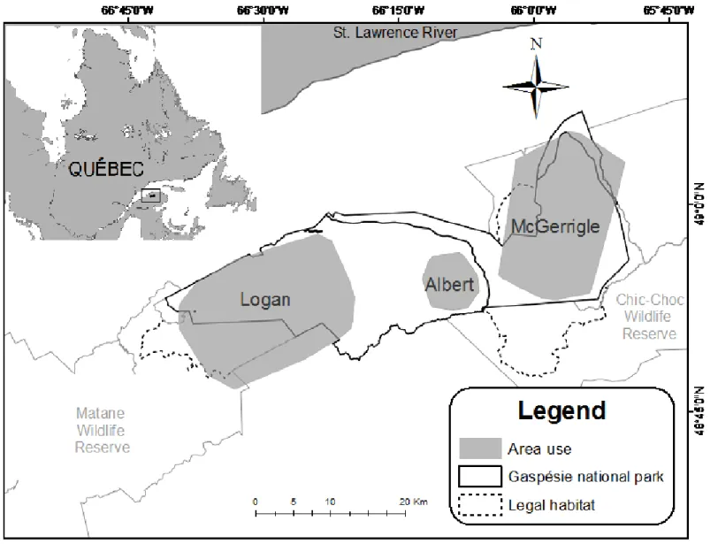 Figure 2.1 Location of the study area (upper-left insert) and of the distribution range (delineated with a 95% minimal convex polygon) of  the three groups found in the Atlantic-Gaspésie caribou population