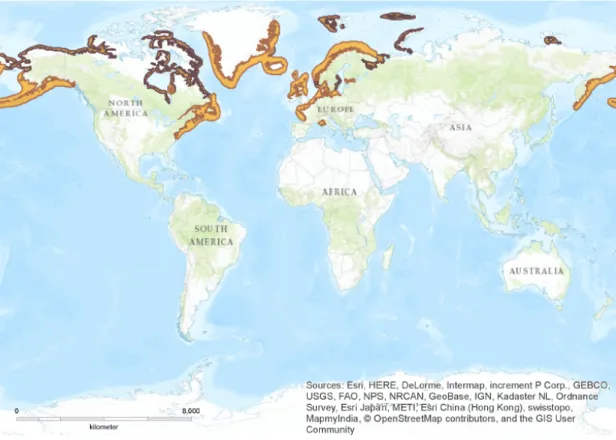 Figure 0.2  Carte des aires de reproduction estivales (en marron) et d’hivernage  (en orange) des eiders à duvet (Issue de BirdLife International, 2016)