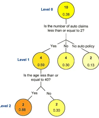 FIG. 2.5. Example 2.1.1: tree model on 10 observations with the variables “age” and “number of daims”