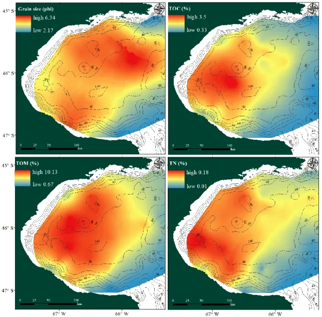 Figure 2 : Spatial distribution of sediment variables: gran size, total organic matter (TOM),  total organic carbon (TOC) and total nitrogen (TN)