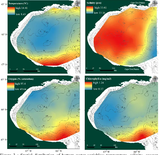 Figure  3  :  Spatial  distribution  of  bottom  water  variables:  temperature,  salinity,  oxygen  availability and chlorophyll a