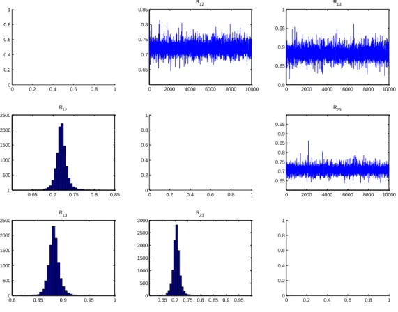 Figure 7: Plots of histograms and draws of the correlation matrix elements 