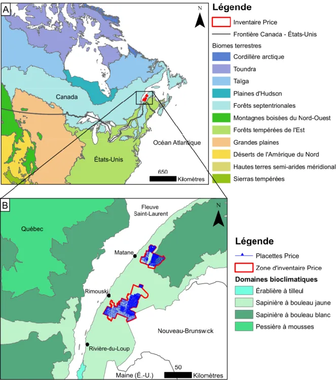 Figure 1 : Localisation de l’inventaire de la compagnie Price dans le contexte des biomes  terrestres de l’est de l’Amérique du Nord (A; CCE, 1997) et des domaines bioclimatiques  de l’est du Québec (B; MRN, 2016) 