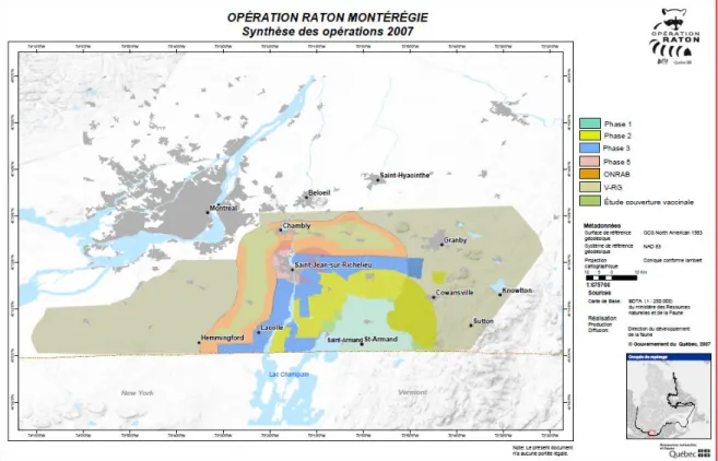 Figure 3  Zones de capture des ratons laveurs durant l’OCERM (2007). Les zones colorées en  bleu et en jaune sont situées en milieu rural (Phase 1-2-3) et le rose représente le  milieu urbain (Phase 5)