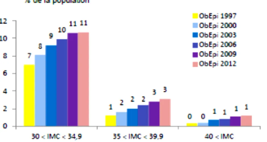 Figure 3 : Répartition des niveaux d’IMC par tranche d’âge (Obépi 2012) 27 . 
