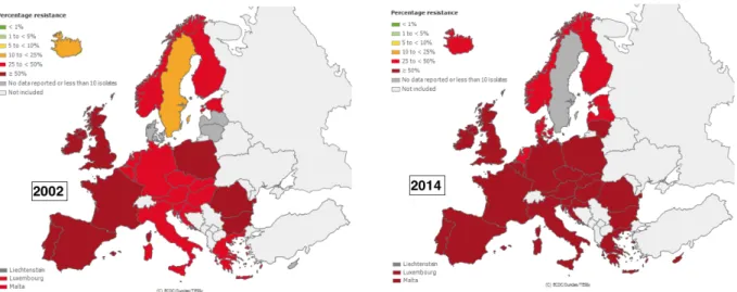 Figure 8: Evolution de la résistance aux aminopénicillines de E. coli en Europe entre 2002 et  2014 (20) 