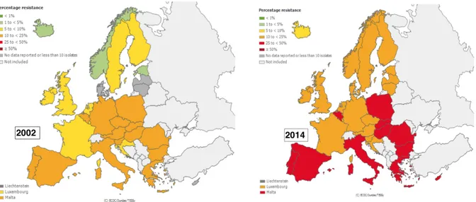 Figure 10: Evolution de la résistance aux fluoroquinolones de E. coli en Europe entre 2002 et  2014 (20) 