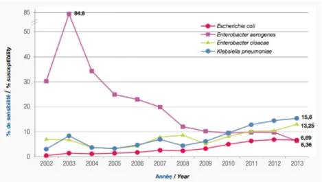 Figure 11: Evolution du pourcentage de souches productrices de BLSE au sein de l'espèce  entre 2002 et 2013 (REUSSIR) (21) 