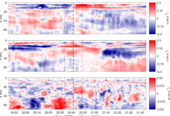 Figure 11: Vitesses horizontales et verticales mesurées au mouillage moyennées sur 5 mi- mi-nutes ; le courant moyen à chaque profondeur est calculé sur les 40 mimi-nutes avant et après le passage de l’oeil du tourbillon, puis retranché des données aﬁn d’o