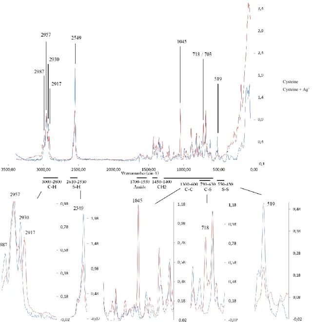 Figure 8: Raman spectra of cysteine alone and cysteine with AgNO 3  between 0 and 3500 cm -1 