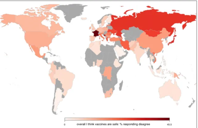 Figure  1:  Carte  des  réponses  à  l’énoncé  «  dans  l’ensemble,  je  pense  que  les  vaccins  sont sûrs » (étude menée dans 67 pays) (4)