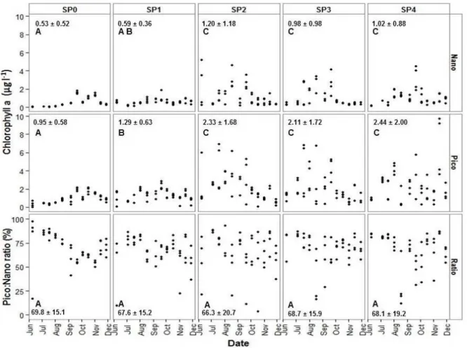 Figure  10:  Chlorophyll-a  (µg  l -1 )  (means  ±  SD)  associated  to  NPP  (>3µm)  and  PPP  (0.2<3µm) including the PPP ratio (%) at each station in relation to sampling dates in 2011