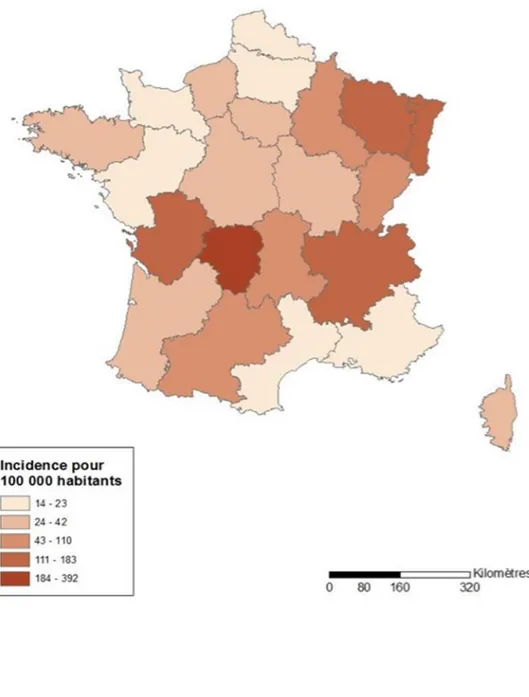 Figure 1 : Incidence annuelle moyen de la maladie de Lyme en France de 2013 à 2018 (21)