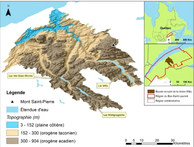 Figure 2 – Carte des reliefs du bassin versant de la rivière Mitis (plaine côtière : surfaces transgressées par la  mer de Goldthwait)