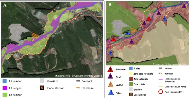 Figure  13  –  Cartographies  des  aléas  (A)  et  des  risques  d’inondation  (B)  dans  un  secteur  de  la  vallée  de  la  rivière au Renard