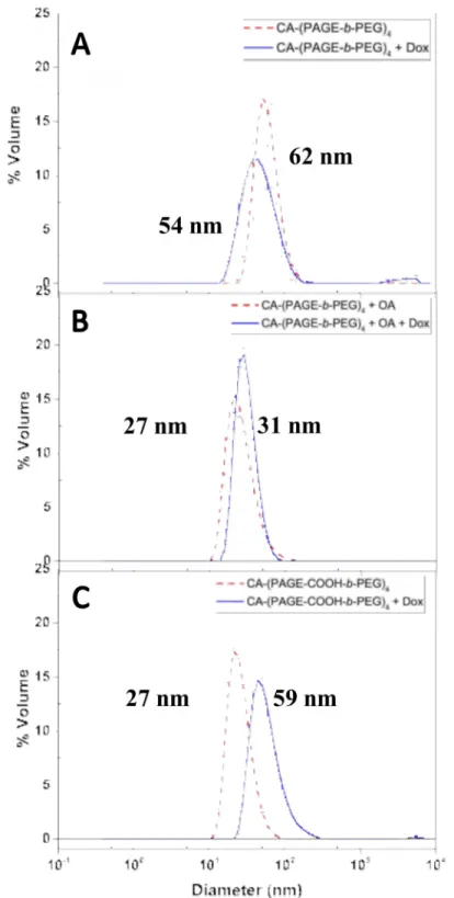 Figure 2. The volume-size distribution of (A) CA-(PAGE-b-PEG) 4  with and without Dox, (B) CA-(PAGE-b-PEG) 4  + OA with and without Dox, and (C) CA-(PAGE-COOH- b-PEG) 4  with and without Dox as determined by DLS