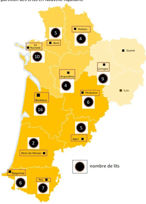 Figure 2 : Carte de répartitions des LHSS en Nouvelle Aquitaine 