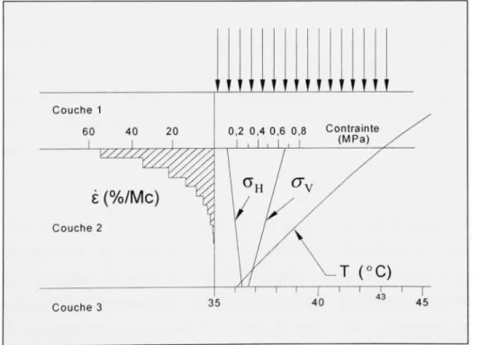 Figure 2.2 Contraintes, température et taux de déformation permanente  types dans la couche 2 d'enrobé bitumineux