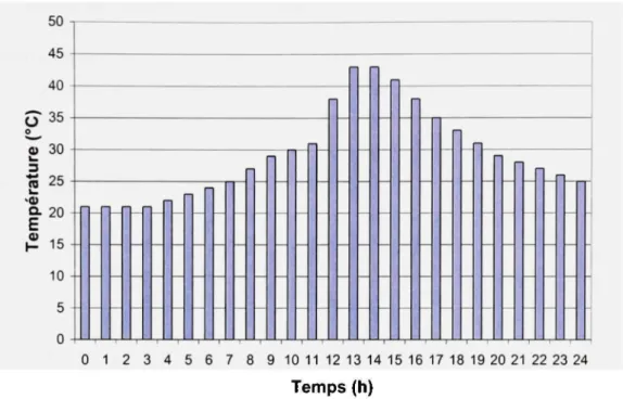 Figure 2.3 Variation  de  la température moyenne  de  la couche 2  d'un  enrobé bitumineux  au  cours d'une  journée