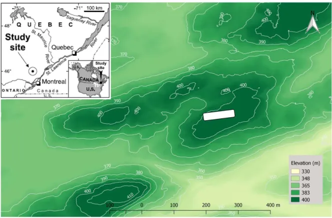 Figure 10. Location and elevation map of the Hermine experimental watershed (Source: 