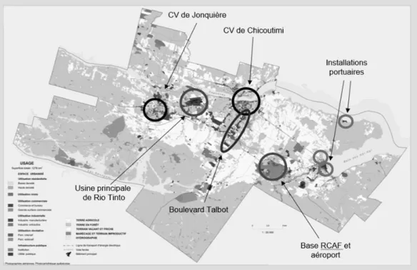 Figure 2 – Utilisation du sol, secteurs fonctionnels et grands équipements  Source : Atlas électronique du Saguenay-Lac-St-Jean, 2018b – ajouts de M