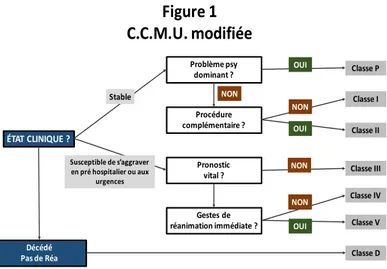 Figure 1 C.C.M.U. modifiée ÉTAT CLINIQUE ? Problème psydominant ?Procédure complémentaire ? Pronostic vital ? Gestes de réanimation immédiate ? Classe PClasse IClasse II Classe III Classe IVClasse V Classe DDécédé Pas de Réa Stable Susceptible de s’aggrave